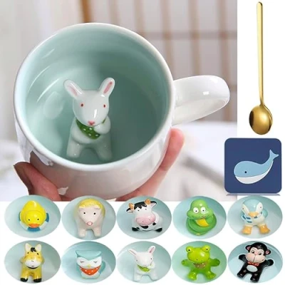 Image of Rabbit Inside Cup Cute Coffee Mugs 12 OZ Funny with Handle Tea Spoon Ceramics Cups Novelty for Lover Office Mug Animal Cartoon as Gift