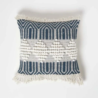 Image of HOMESCAPES Handwoven Textured Kilim Cushion Cream &amp; Blue 100% Cotton Wool with Fringe Traditional Authentic Design Super Microfibre Insert 45 x cm