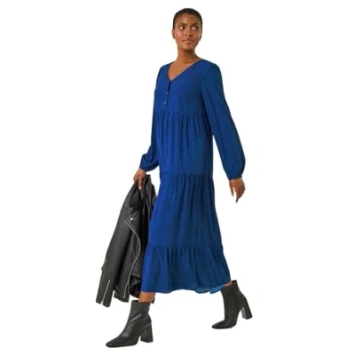 Image of Roman Originals Spot Button Detail Smock Midi Dress for Women UK Ladies Everyday Autumn Winter V Neckline Comfy Soft Evening Vacation Work Party Night Out Blue Size 14