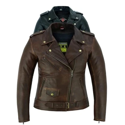 Image of Texpeed Womens Leather Marlon Brando Motorcycle Jacket Ladies Touring Motorbike With Genuine Biker CE Armour (EN 1621 1) Protection Brown XXL