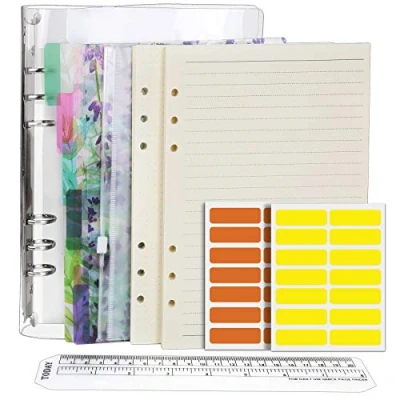 Image of Teenitor Refillable A5 Notebook Set with Cover 6 Hole Loose Leaf PVC Binder Cover, Dotted Refills &amp; Ruled Lined Paper, pcs PP Subject Dividers, Zip Lock Envelope, Ruler and 28 Sticky Label