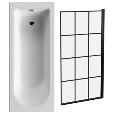 Image of Round Single Ended Bath Tub and Black Framed Screen 1700 x 700mm