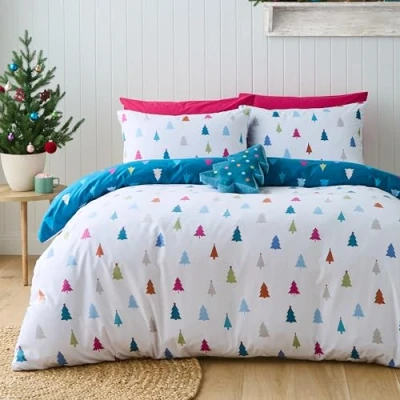 Image of Catherine Lansfield Christmas Tree Soft Microfibre Reversible Single Duvet Cover Set with Pillowcase White