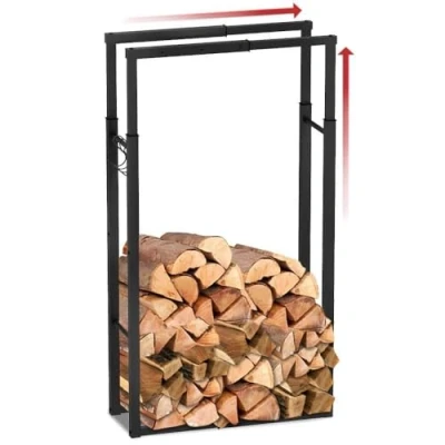 Image of VOUNOT Firewood Log Rack, Retractable Metal Store Holder for Outdoor or Indoor, 9 Adjustable Sizes, Maximum dimension 65 x 25 150 cm, Black