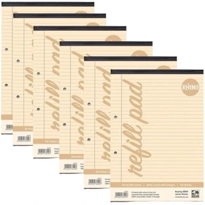 Image of RHINO A4 Refill Pad, Writing 100 Page / 8mm Lined with Margin, 6 Pack, Cream Paper for Dyslexia &amp; SEN, Office School Stationery Supplies