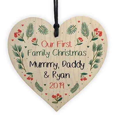 Image of RED OCEAN Personalised 1st Christmas Mum Dad Baby Bauble Tree Decor Wooden Heart New keepsake