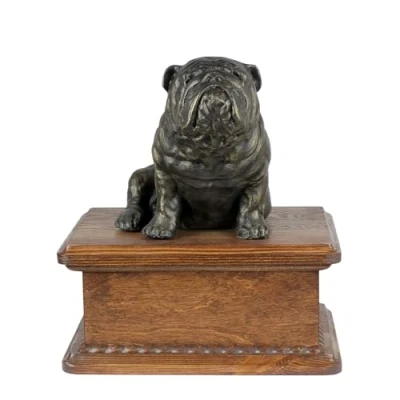 Image of Art Dog Urn for Ashes Handmade Memorial with Cold Cast Bronze Statue Custom Pet Pet&#039;s Name, Dates, and Sculpture 8.3x11.4x4.3 English Bulldog