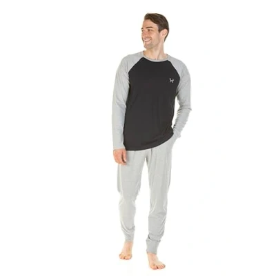 Image of Haigman Men&#039;s Long Sleeve Cotton Rich Jersey PJ Set (M, 101 107cm/40 42in, Grey/Navy)