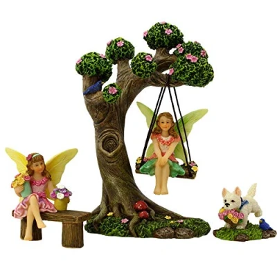 Image of PRETMANNS Fairy Garden Ornaments Outdoor, Accessories Fairies &amp; Tree Swing Kit, 4 Items