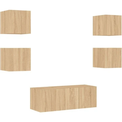 Image of vidaXL 6 Piece TV Wall Units with LED Sonoma Oak Engineered Wood