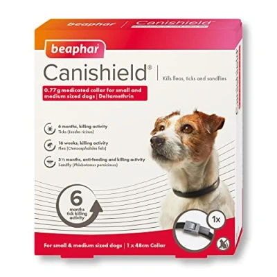 Image of Beaphar Canishield Medicated Dog Flea Collar Kills Fleas, Ticks &amp; Sandflies Adjustable for Small/Medium Dogs (up to 48cm) Long Lasting Protection Vet Strength Treatment
