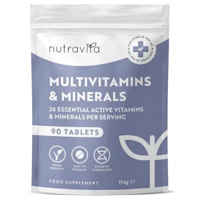 Image of Multivitamin Tablets for Men &amp; Women 26 Essential Active Vitamins Minerals with Vitamin C, D, Iron, and Zinc 90 Vegan Multi a 3 Month Supply Made in The UK Nutravita