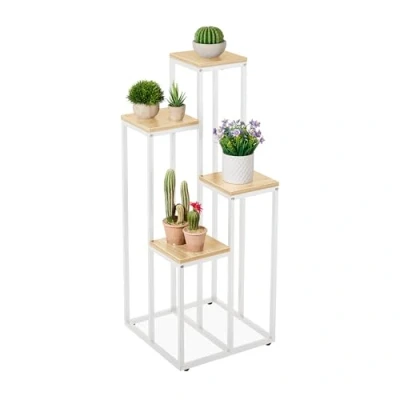 Image of Relaxdays Plant Stand, Modern Pot Holder with 4 Tiers, 80x40x40 cm, White Metal Frame, MDF Shelving Space Saving Brown, Steel