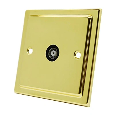 Image of Victorian Polished Brass 1 Gang TV Socket Black Insert Single Aerial Coaxial Female