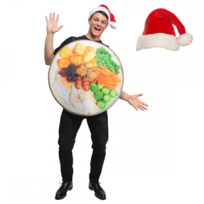 Image of Adult Traditional Christmas Dinner Costume + Plush Santa Hat : Unisex Mens Womens Xmas Food Novelty Fancy Dress