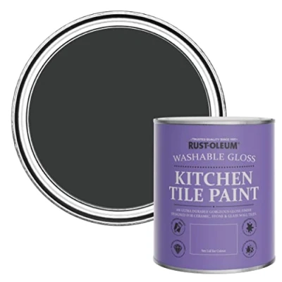 Image of Rust Oleum Black Water Resistant Kitchen Tile Paint in Gloss Finish Natural Charcoal (Black) 750ml