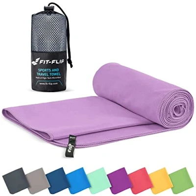 Image of Fit Flip Microfibre towel compact, ultra lightweight &amp; quick dry the perfect gym, travel beach swimming for sports, camping hiking (60x120cm lilac + bag)