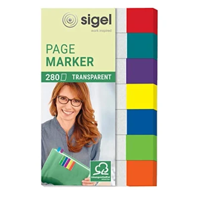 Image of SIGEL HN677 Transparent Index Page Markers, 7 x 40 strips, Red/mint/Orange/violet/Blue/Yellow/Green
