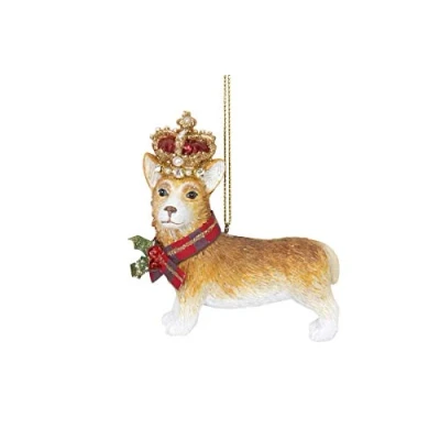 Image of Gisela Graham Resin Corgi with Crown Hanging Christmas Tree Decoration Ornament Bauble