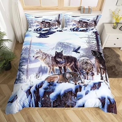 Image of Loussiesd Wolf Duvet Cover Set for Kids Boys 3D Print Snow Forest Wildlife Animals Bedding Single Size Decorative Microfiber Polyester Comforter with 2 Pillow Shams, Zipper, 3 Pieces