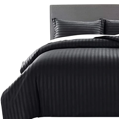 Image of MOONLIGHT20015 Super King Duvet Set Cover Hotel Quality Stripes Satin Bedding Sets with 2 Pillowcases, Reversible Hypoallergenic Soft Breathable Bed Covers (Black, King)