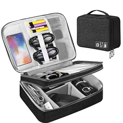 Image of HCFGS Travel Cable Organiser Bag,Accessories Organizer Bag Extra Large 3 Layers Universal Carry Gadget for Power Bank, Data (Black)