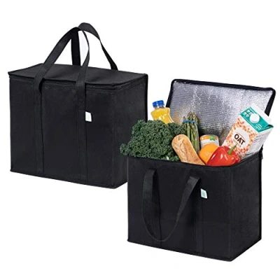 Image of VENO 2 Pack Insulated Reusable Grocery Shopping Bag, Food Delivery, Cooler Heavy Duty, Large Size, Durable Handles, Dual Tab Zips, Lid, Stands Upright, Collapsible, Sustainable (Black, Pack)