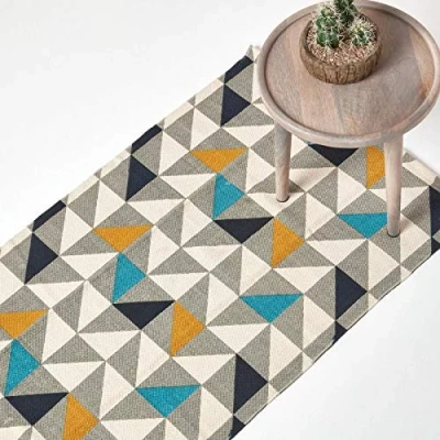 Image of HOMESCAPES Geometric Printed Halway Runner &#039;Copenhagen&#039; 100% Cotton Blue, Yellow, Grey &amp; White Contemporary Hallway Rug, 66 x 200 cm