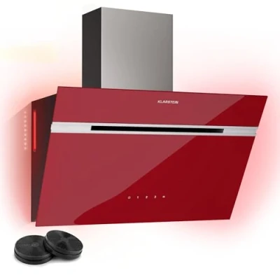 Image of Klarstein Alina 60 Cooker Hood 60cm Angled Extractor Hood, 600 m3/h Air Flow, A Energy Efficiency, Touch Panel, LED Lighting, Quiet 63 dB, Red, Ducted &amp; Recirculating