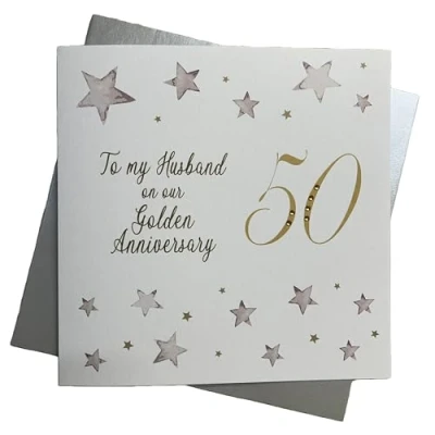 Image of WHITE COTTON CARDS To My Husband 50, Handmade Large 50th Anniversary Card (Big Twist Range, Golden)