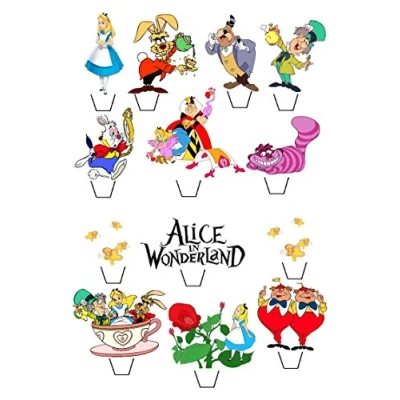 Image of 13 x Alice in Wonderland STAND UP Edible Paper Cupcake Toppers Cake Decorations