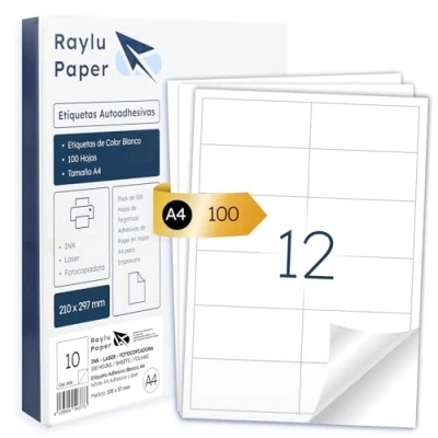 Image of Raylu Paper ® White Self Adhesive Labels for Printing, A4 Sheets Inkjet Printers, Laser and Copiers, 12 per Sheet (97 x 42.3 mm)