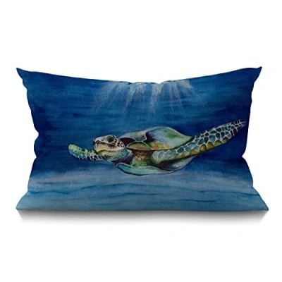 Image of BGBDEIA Cushion Cover Sea Turtle Ocean Coastal Theme Marine Nautical Animal Underwater Outdoor Rectangular Throw Pillow for Couch Sofa Home Decor Cotton Linen 30 x 50 cm 12x20 Inch