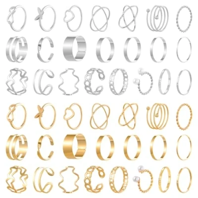 Image of XMNIVATE 44 Piece Ring Set, Adjustable Open Rings, Fashion Vintage Multi Style Knuckle Stacking Women&#039;S Jewelry