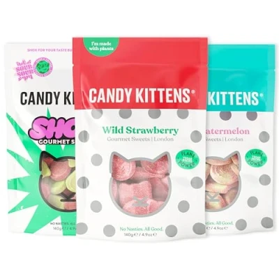Image of Candy Kittens Vegan Sweets MINI LUXE Selection (3 x 140g), Chewy Bundle Three Packs Wild Strawberry, Sour Watermelon &amp; Shox, Bulk Bags, Perfect Gifts, Fruity Delicious
