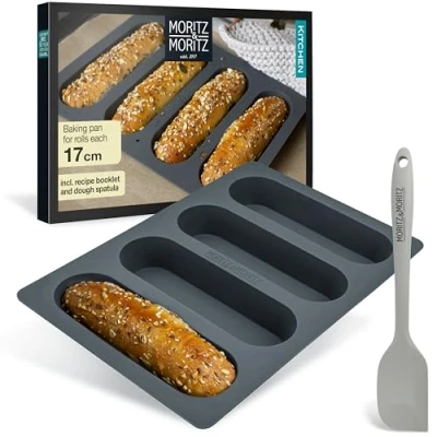Image of Moritz &amp; hot Dog bun Baking Mould Silicone 17cm Mini Baguette for Dogs, Cakes and Large muesli Bars incl. Spatula Recipe Booklet