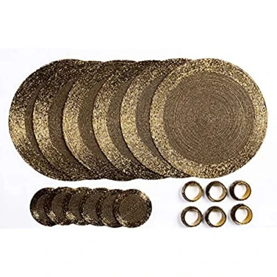Image of Penguin Home Handcrafted Glass Beaded Round Placemats, Coasters &amp; Napkin Rings Set of 18 Handmade Table Place Mats for Dining 32 cm (13&quot;) Diameter (Antique Gold)