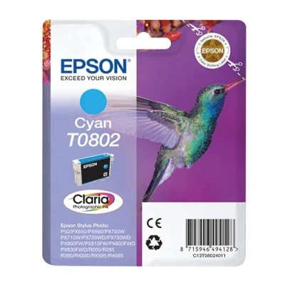 Image of Epson T0802 Cyan Hummingbird Genuine Ink, Claria Photo HD Ink Cartridge