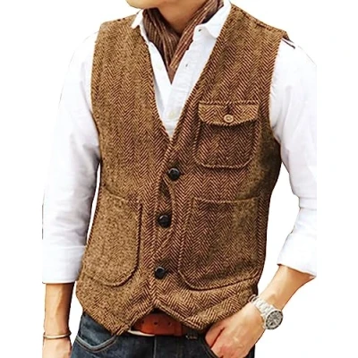 Image of Solovedress Mens Vintage Wool 3 Real Pockets Suit Vest V Neck Tweed Waistcoat for Wedding Groomsmen(Brown,M)