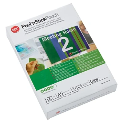 Image of GBC A5 2x125 Micron Peel n&#039; Stick Gloss Laminating Pouches, Pack of 100, 3747244