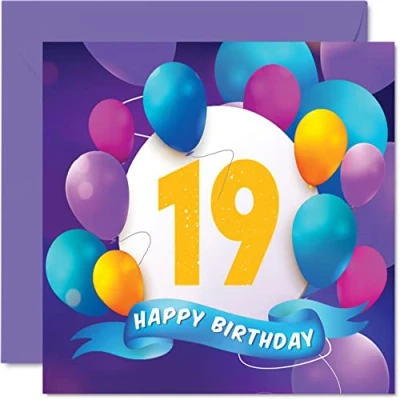 Image of 19th Birthday Card for Men Women Balloon Party Happy Cards 19 Year Old Man Woman Brother Sister Son Daughter Grandson Granddaughter Cousin, 145mm x Bday Greeting Gift