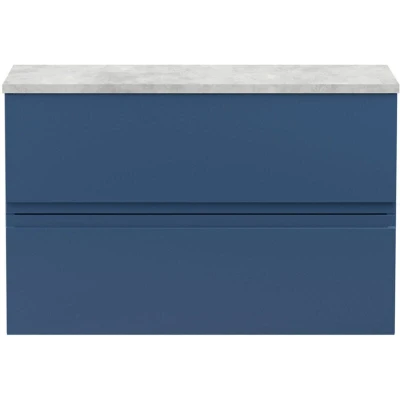 Image of Hudson Reed URB306LBG Urban Modern Bathroom Wall Hung Vanity Unit with 2 Soft Close Drawers and Grey Worktop, 800mm, Satin Blue