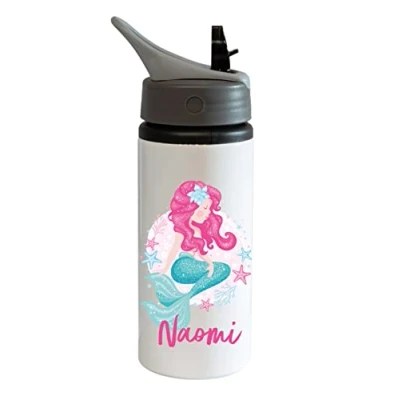 Image of Printaname Mermaid Personalised Kids Drinks Sports Childrens Water Bottle 600ml Aluminium Flip up Lid