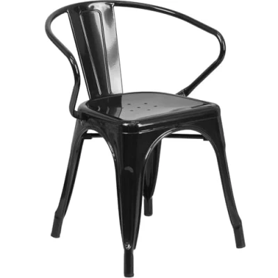 Image of FWStyle Set of 4 Black Metal Dining Chairs Industrial Bistro Style with Curved Backrest, Stackable Galvanised Steel Indoor Outdoor Café