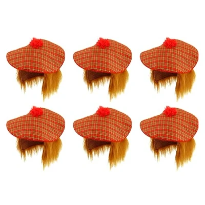 Image of HENBRANDT 12 x Scottish Tam O Shanter Tartan Hat with Ginger Hair Mens Fancy Dress Adult Unisex
