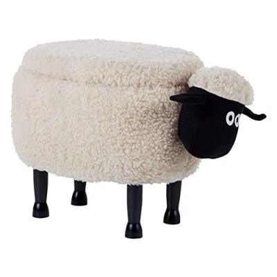 Image of Beliani Kids Animal Stool Faux Fur Pouffe with Storage Wooden Legs Playroom Light Beige Sheep