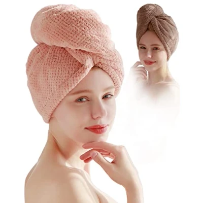 Image of JLDFV Microfiber Hair Drying Towel Wrap, 2 Pack Absorbent Microfibre Turban,Microfibre Wrap with Buttons Towel,Hair Turbans for Wet Women