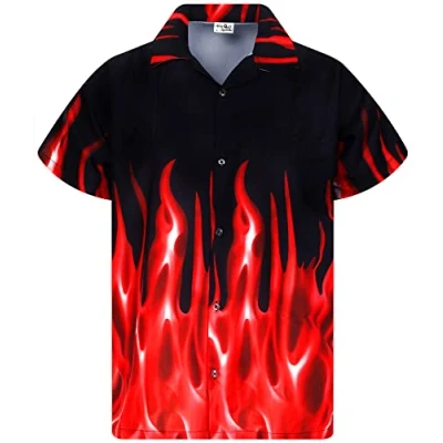Image of King Kameha Funky Hawaiian Shirt, Men, Shortsleeve, Flames, Red, 6XL
