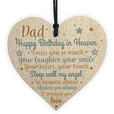 Image of RED OCEAN DAD Angel Daddy Father Birthday Memorial Plaque Wooden Heart Grave Side Tribute Rememberance Gift