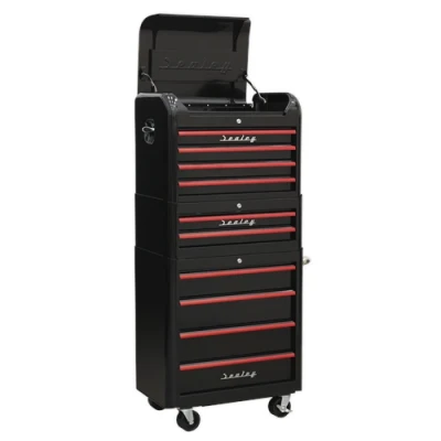 Image of Sealey Premier Retro Style Topchest, Mid Box &amp; Rollcab Combination 10 Drawer Black with Red Anodised Pulls
